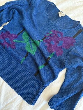Vintage Christian Dior Blue Crewneck Sweater with Purple & Green Floral
